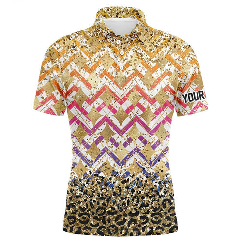 Yellow Glitter Leopard Pattern Men's Golf Polo Shirts Custom Team Golf Top For Men, Golf Polo Shirt, Golf Shirts