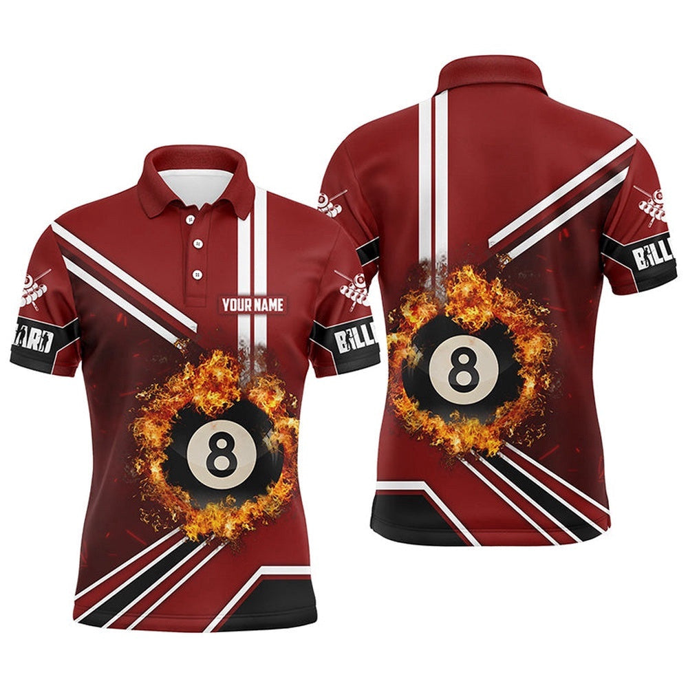 Red Billiard Pool 8 Ball On Fire 3D Polo Shirts, Custom Pool Billiards Shirts, Personalized Billiard Polo Shirt
