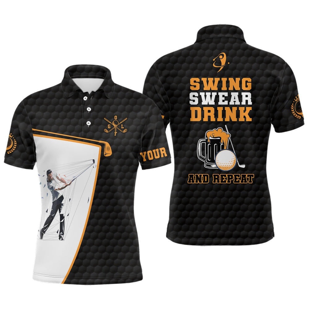 Swing Swear Drink And Repeat Black Men's Golf Polo Shirt Custom Beer Golf Shirts For Men Golf Gifts, Golf Polo Shirt, Golf Shirts