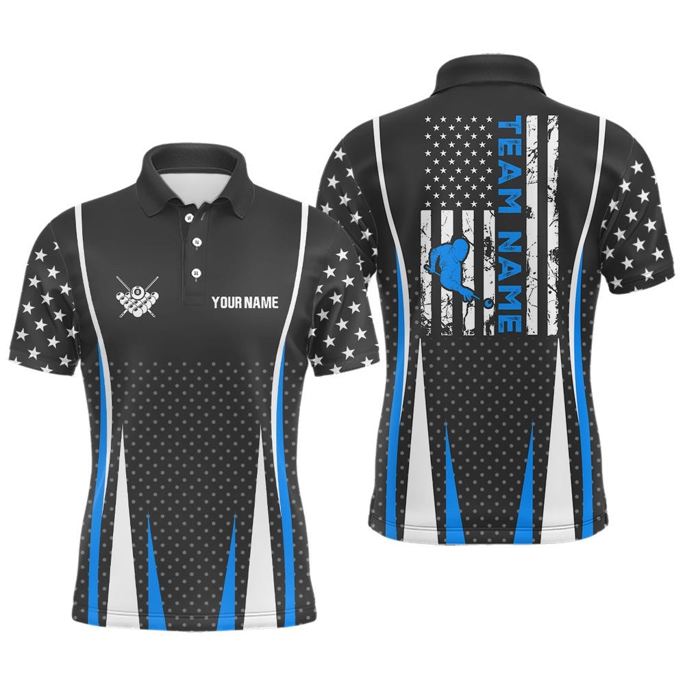 US Flag Pattern Blue Player Billiards Team Polo, Personalized Billiard Polo Shirt