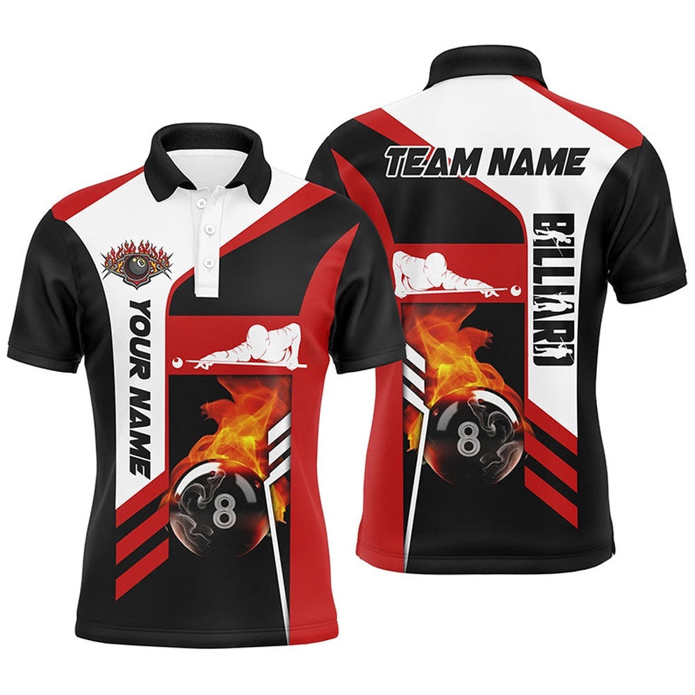 Snooker 8 Ball In Flames Name Billiard Polo Shirts Custom Pool Player Shirts, Personalized Billiard Polo Shirt