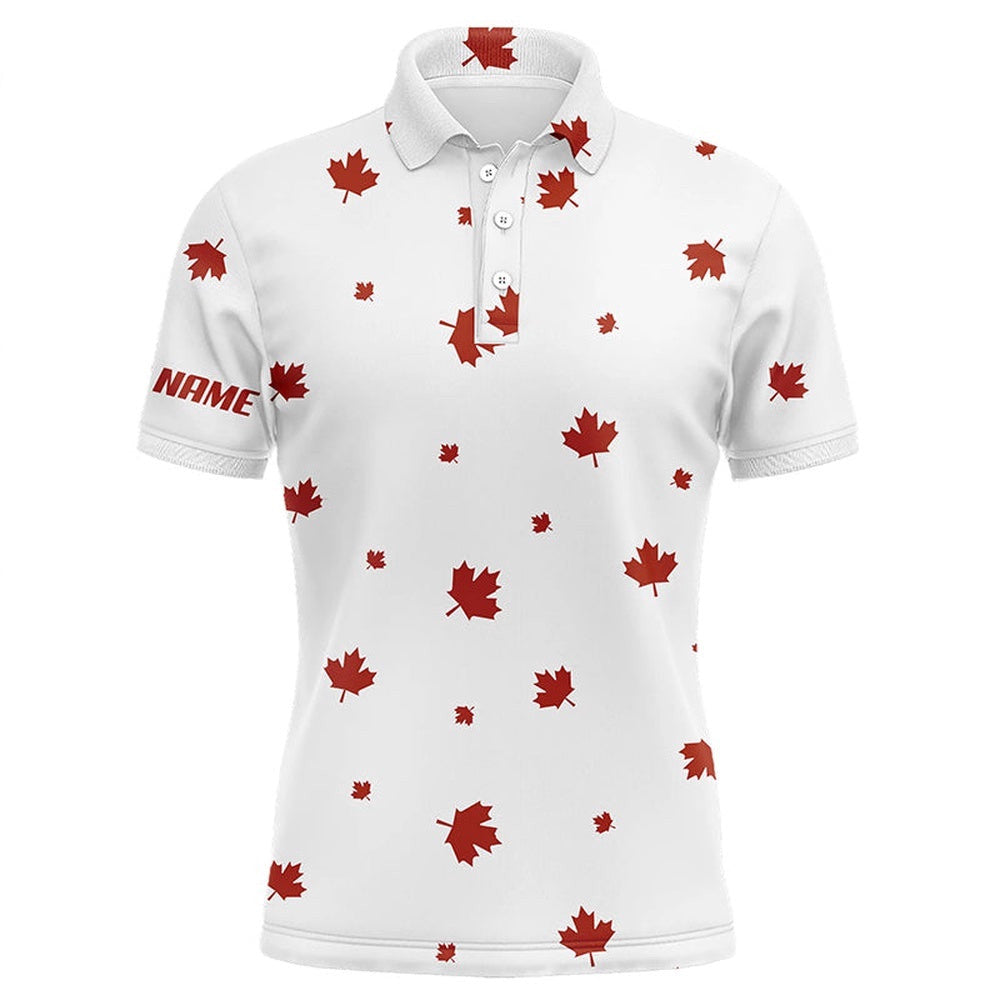 White Men's Golf Polo Shirts Red Canada Maple Leaf Pattern Custom Team Golf Shirts, Patriot Golf Tops, Golf Polo Shirt, Golf Shirts