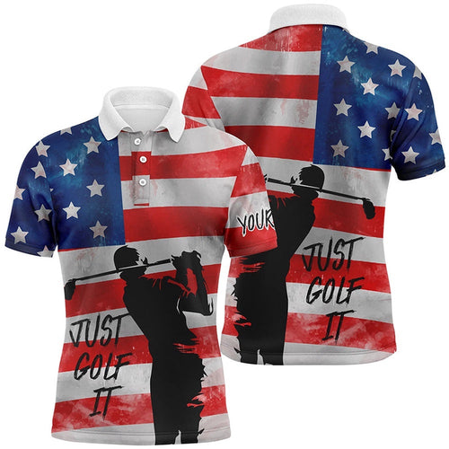 Vintage American Flag Just Golf It Men's Polo Golf Shirts, Customized Golf Shirts For Men, Golf Polo Shirt, Golf Shirts