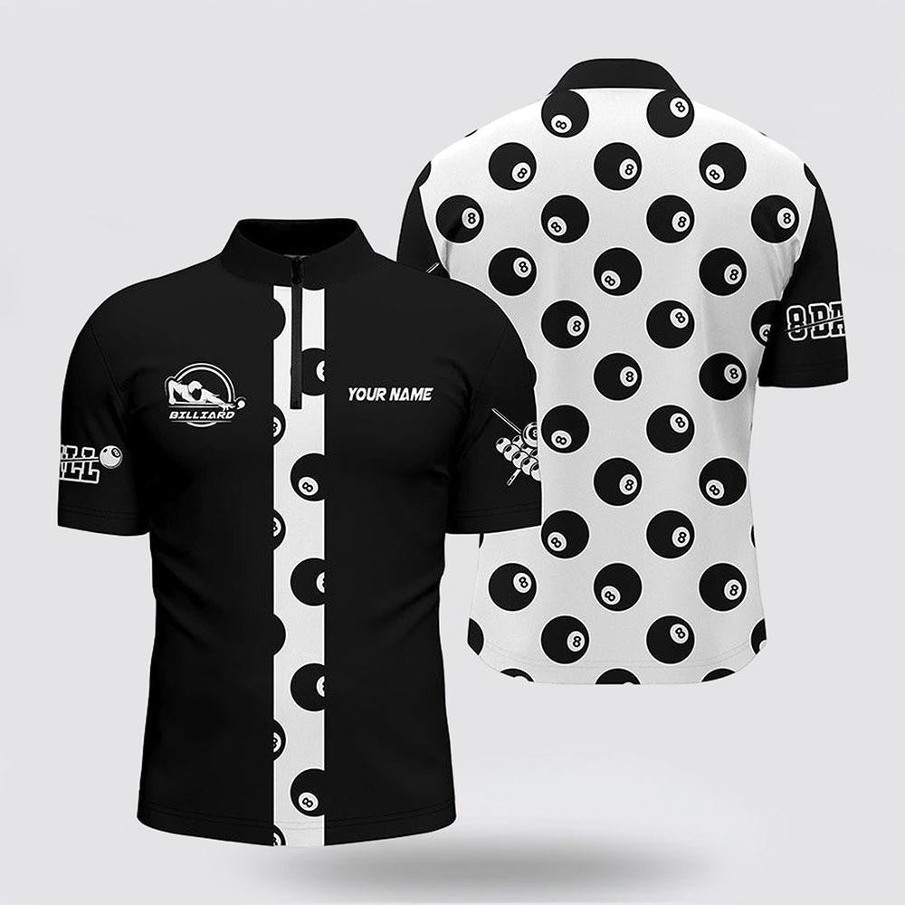Billiard Jerseys, Custom Billiard Jerseys, 8 Ball Pool Pattern Black White Billiard Jerseys Shirts, Billiard Shirt Designs