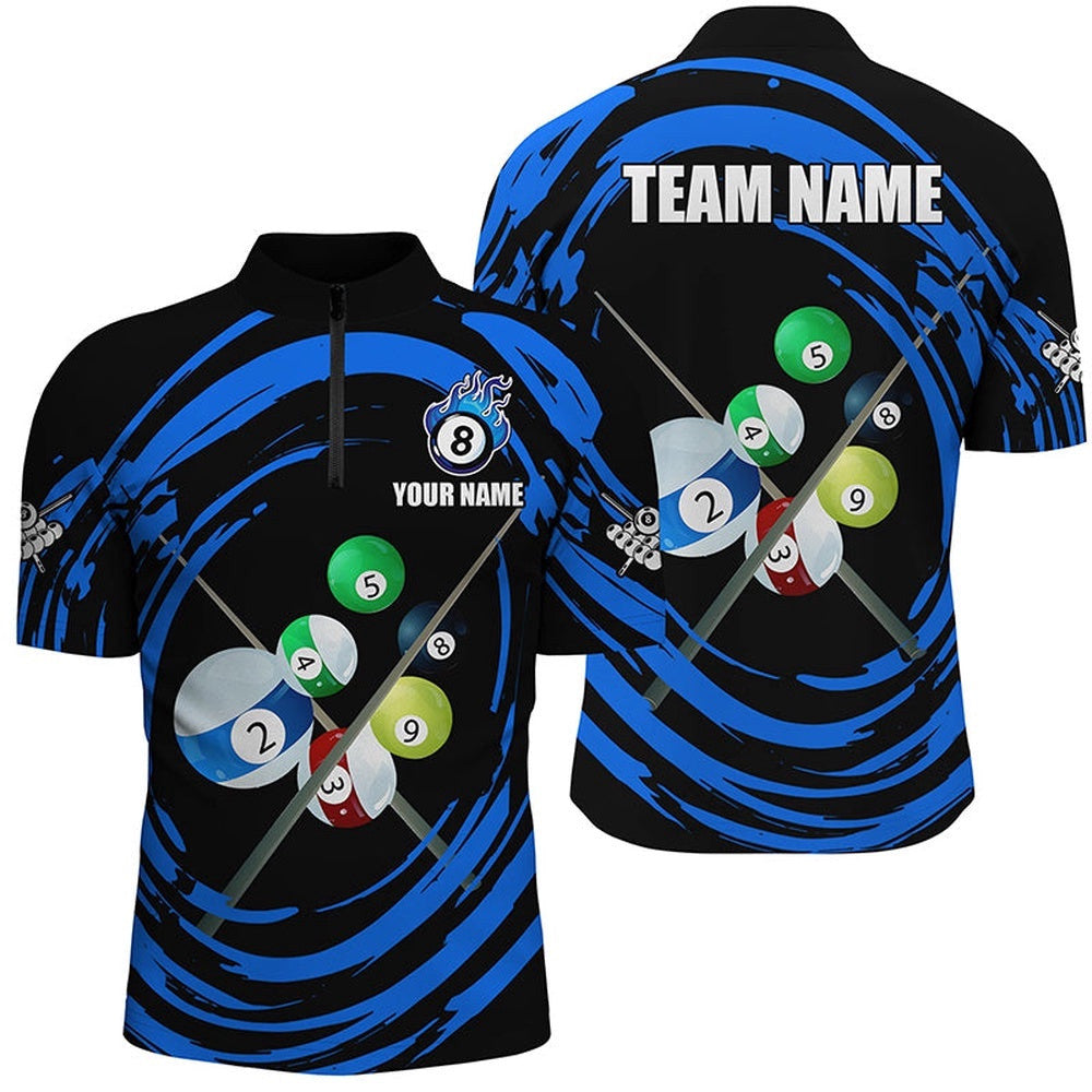 Blue Billiard Balls & Cue Wave Pattern Jersey Shirts Custom Billiard Jerseys, Personalized Billiard Team Jersey Shirt