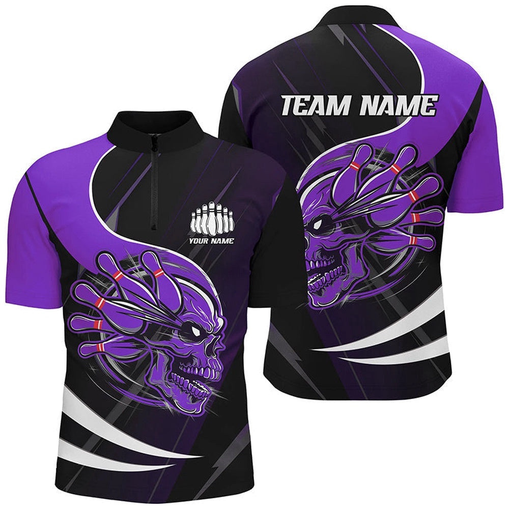 Skull Bowling Shirts For Men, Bowling Team Shirts Uniform Outfit Pulrple, Custom Bowling Team Jersey Shirt