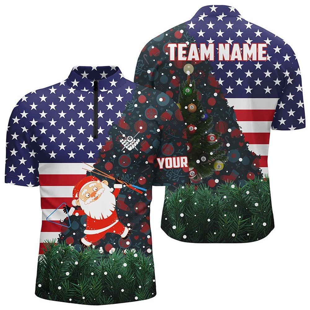 Santa Usa Flag Billiard Jersey Shirt Best Patriotic Christmas Shirts, Personalized Billiard Team Jersey Shirt