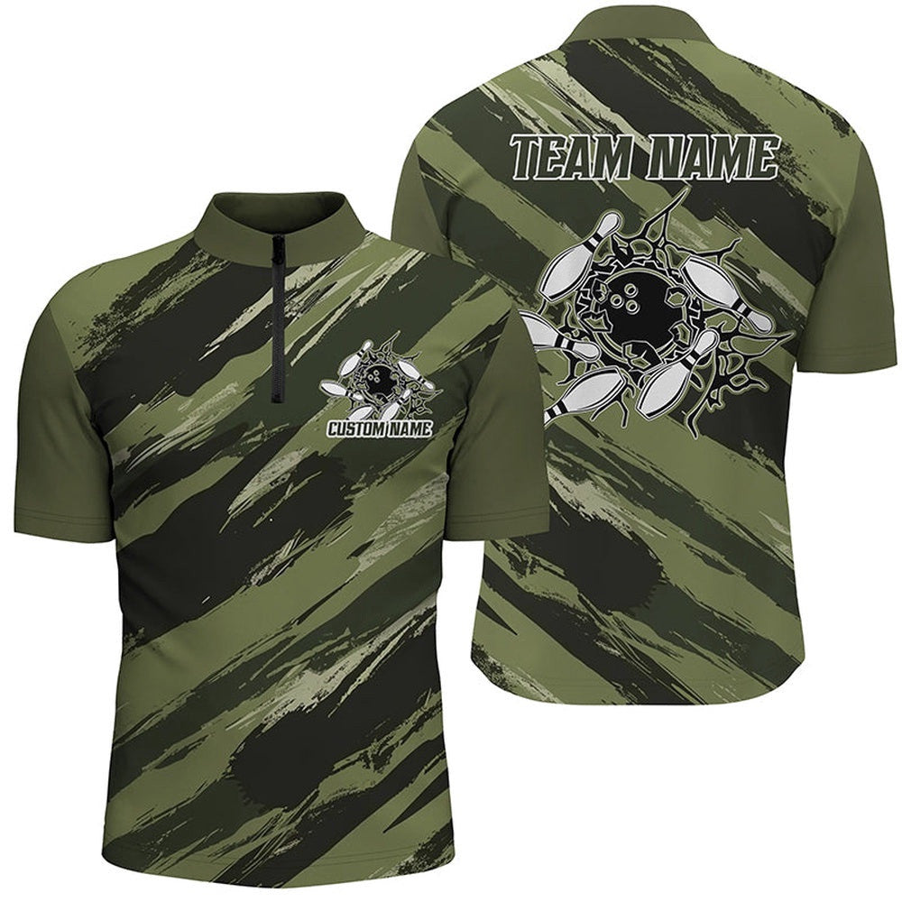 Navy Green Camo Bowling Shirts For Men And Women, Bowling Strike Team Shirts, Custom Bowling Team Jersey Shirt