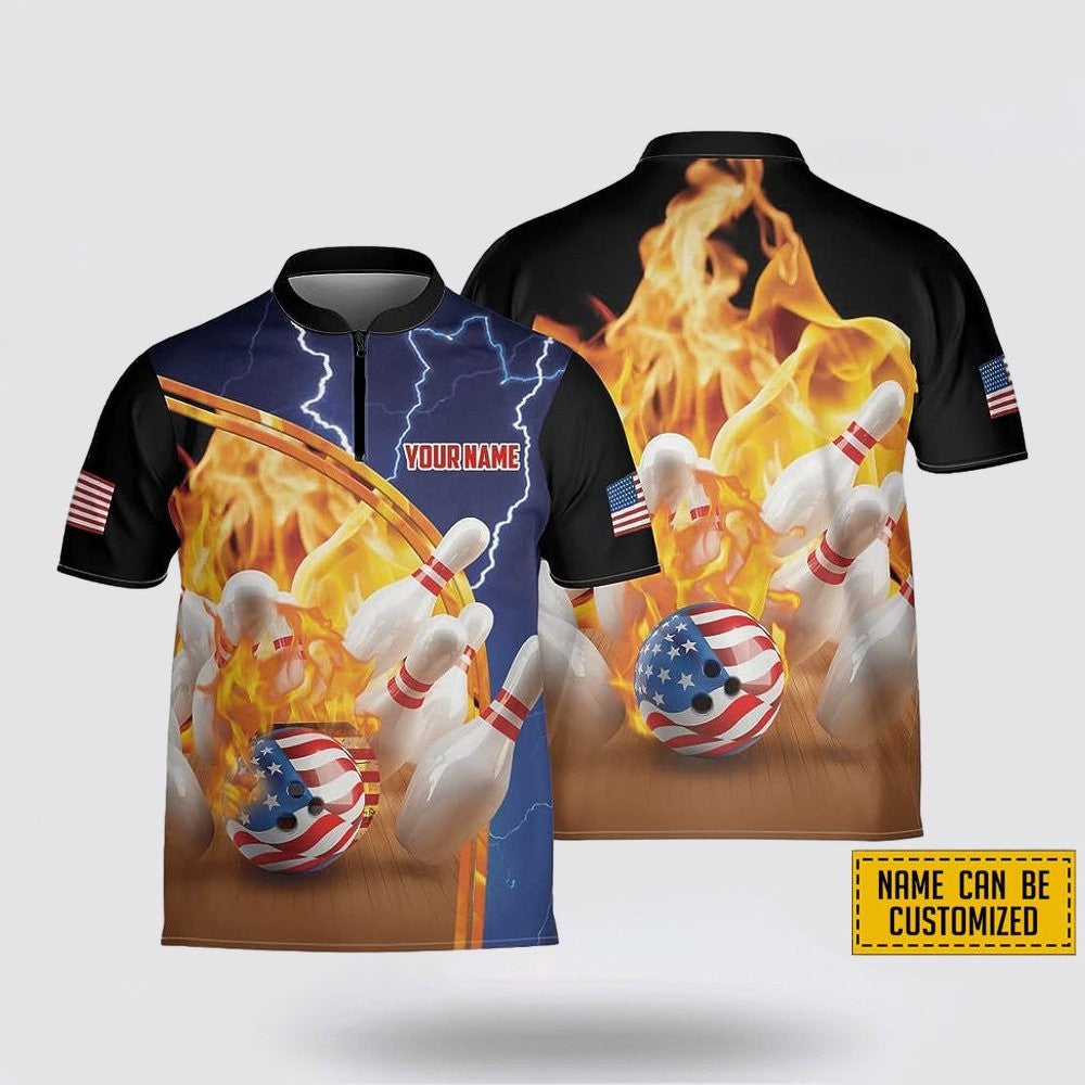 Personalized Fire American Flag Bowling Jersey Shirt - Perfect Gift for Bowling Fans