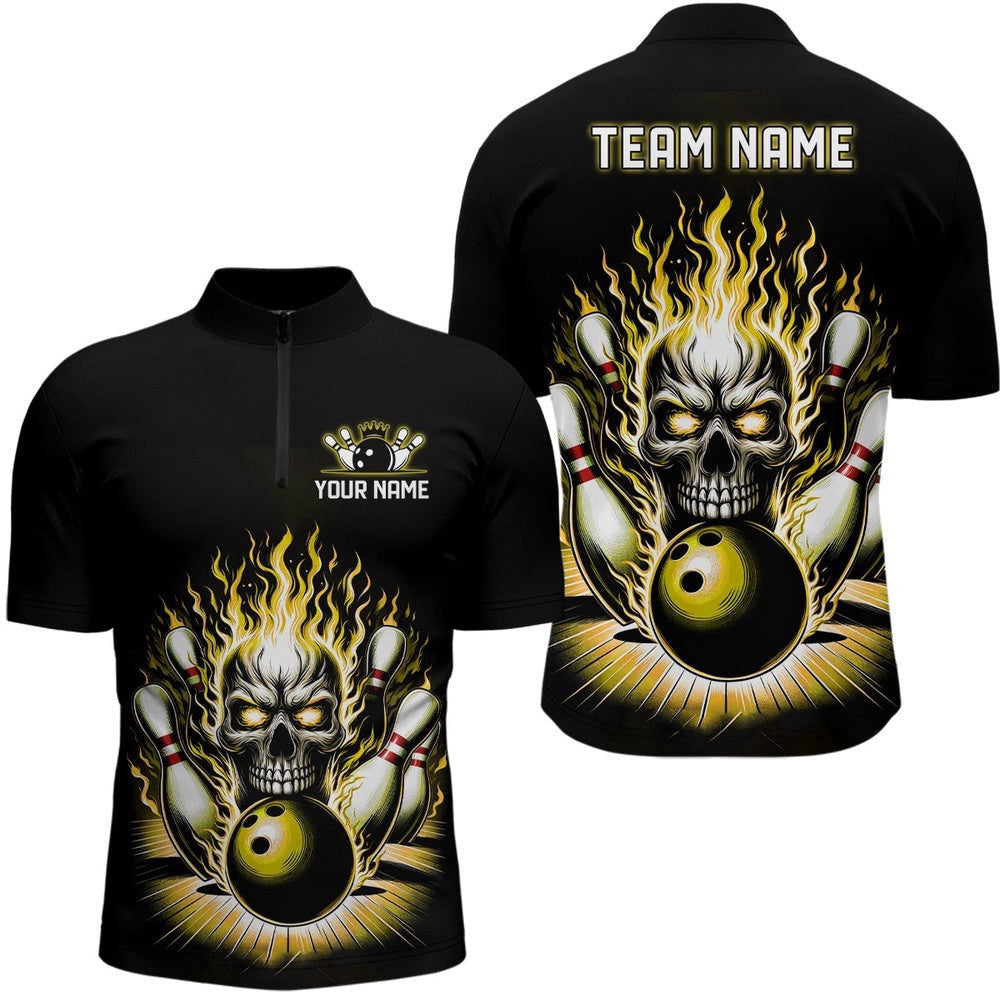 Unisex Skull Bowling Shirt Team'S Name Flame Bowler Jersey Yellow, Custom Bowling Team Jersey Shirt