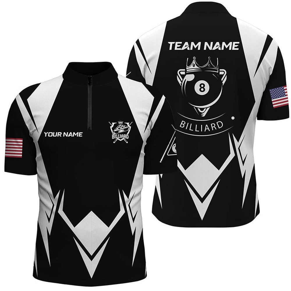 US Flag 8 Ball Pool Black White Custom Billiard Jerseys, Personalized Billiard Team Jersey Shirt