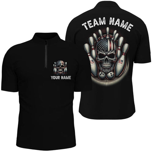Vintage American Flag Skull Bowling Team Shirts For Men And Women, Unisex Striking Bowling, Custom Bowling Team Jersey Shirt