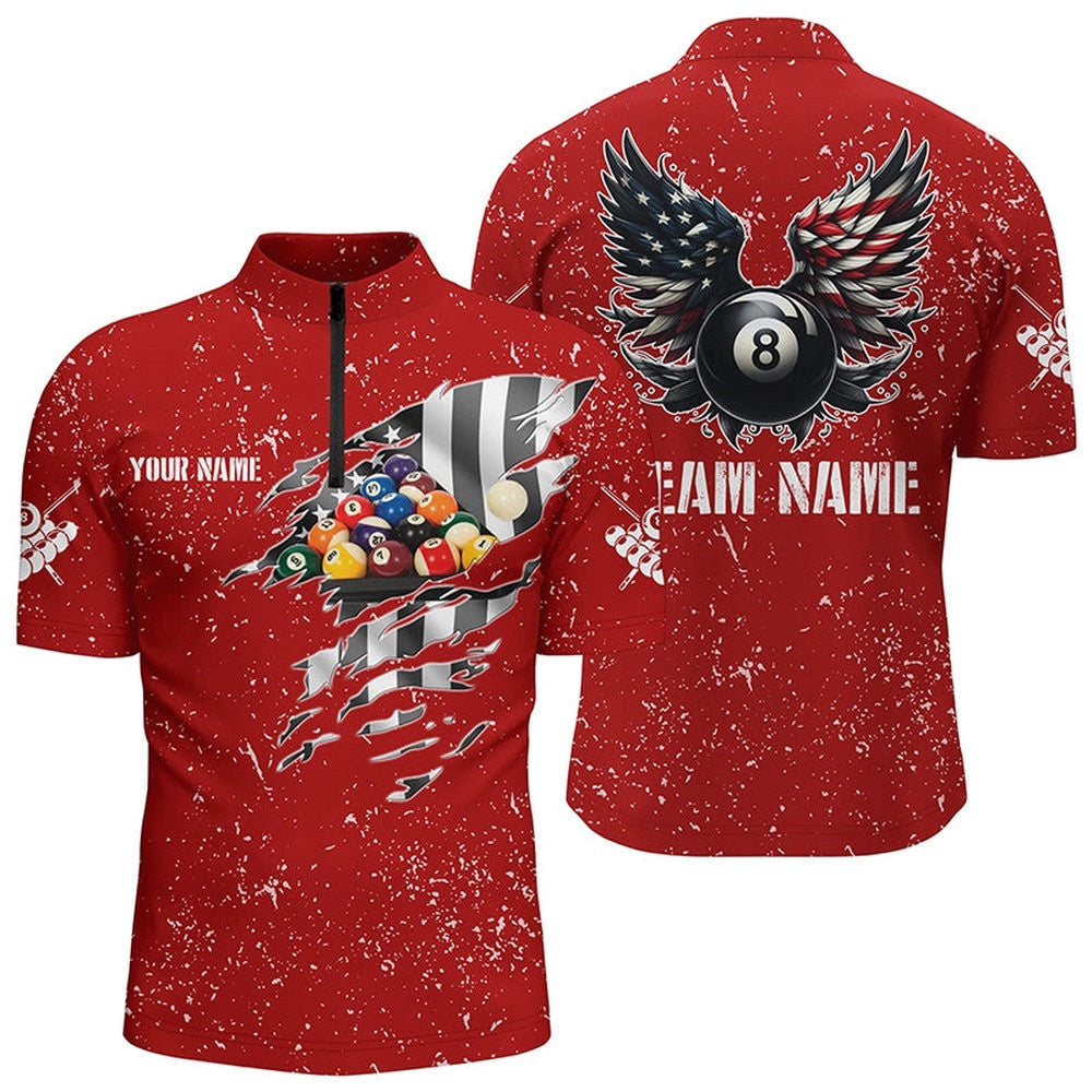 US Flag Billiard Balls 3D Jersey Shirts, Red 8 Ball Pool Wings Jerseys, Personalized Billiard Team Jersey Shirt