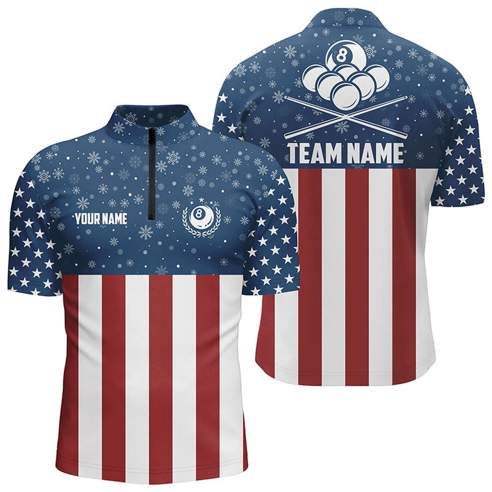 Us Flag Christmas Snowflakes Pattern Custom Patriotic Christmas Shirts, Personalized Billiard Team Jersey Shirt