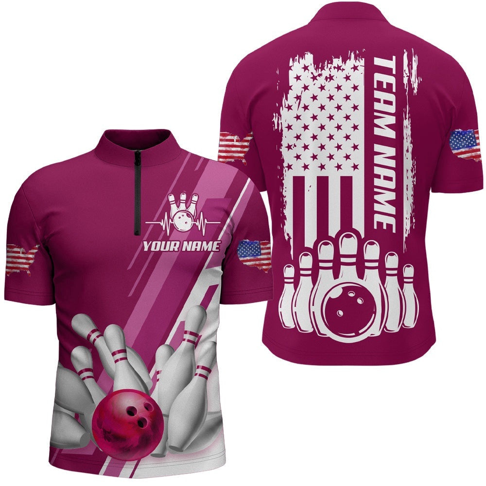 Men's Bowling Shirt Pink Bowling Unisex With Name Zip Bowling Shirt Patriotic Bowling Shirt, Custom Bowling Team Jersey Shirt