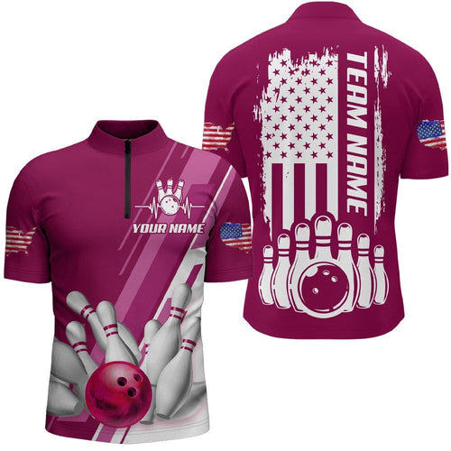 Men's Bowling Shirt Pink Bowling Unisex With Name Zip Bowling Shirt Patriotic Bowling Shirt, Custom Bowling Team Jersey Shirt