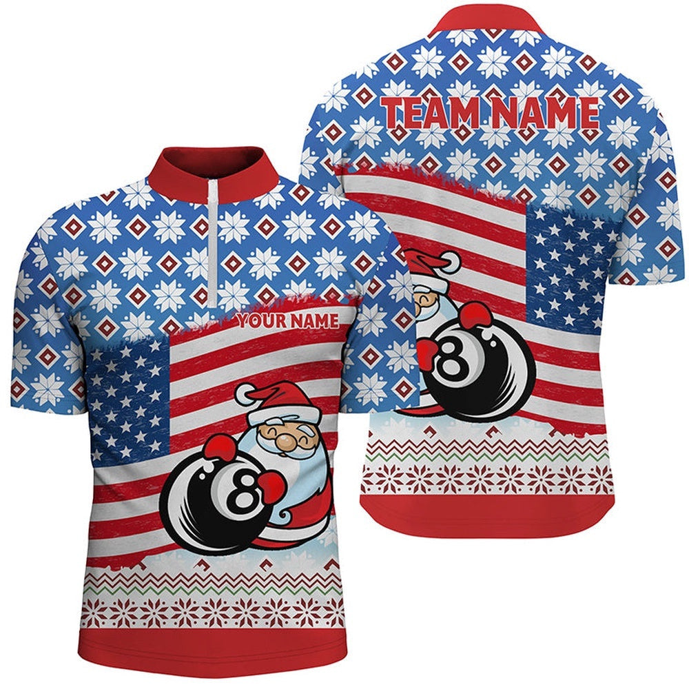 US Flag 8 Ball Pool With Santa Christmas Billiard Shirts, Personalized Billiard Team Jersey Shirt