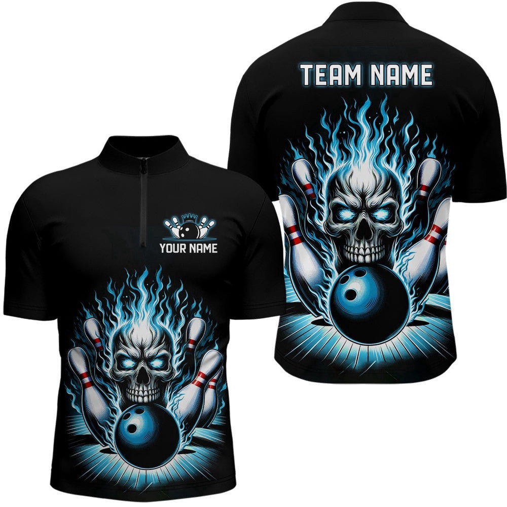 Unisex Skull Bowling Shirt Team'S Name Flame Bowler Jersey Teal Blue, Custom Bowling Team Jersey Shirt