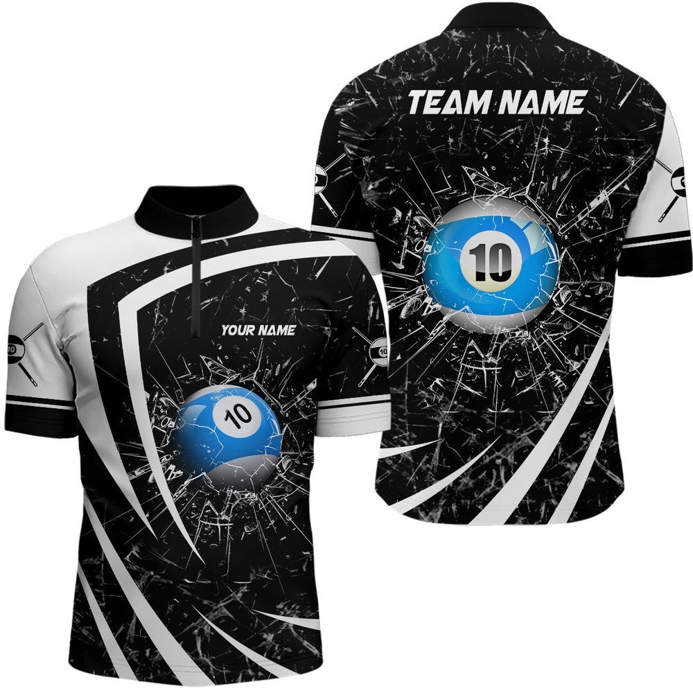 White Black Glass Break 10 Ball Pool 3D Jersey Shirts Billiards 10 Ball Shirts, Personalized Billiard Team Jersey Shirt