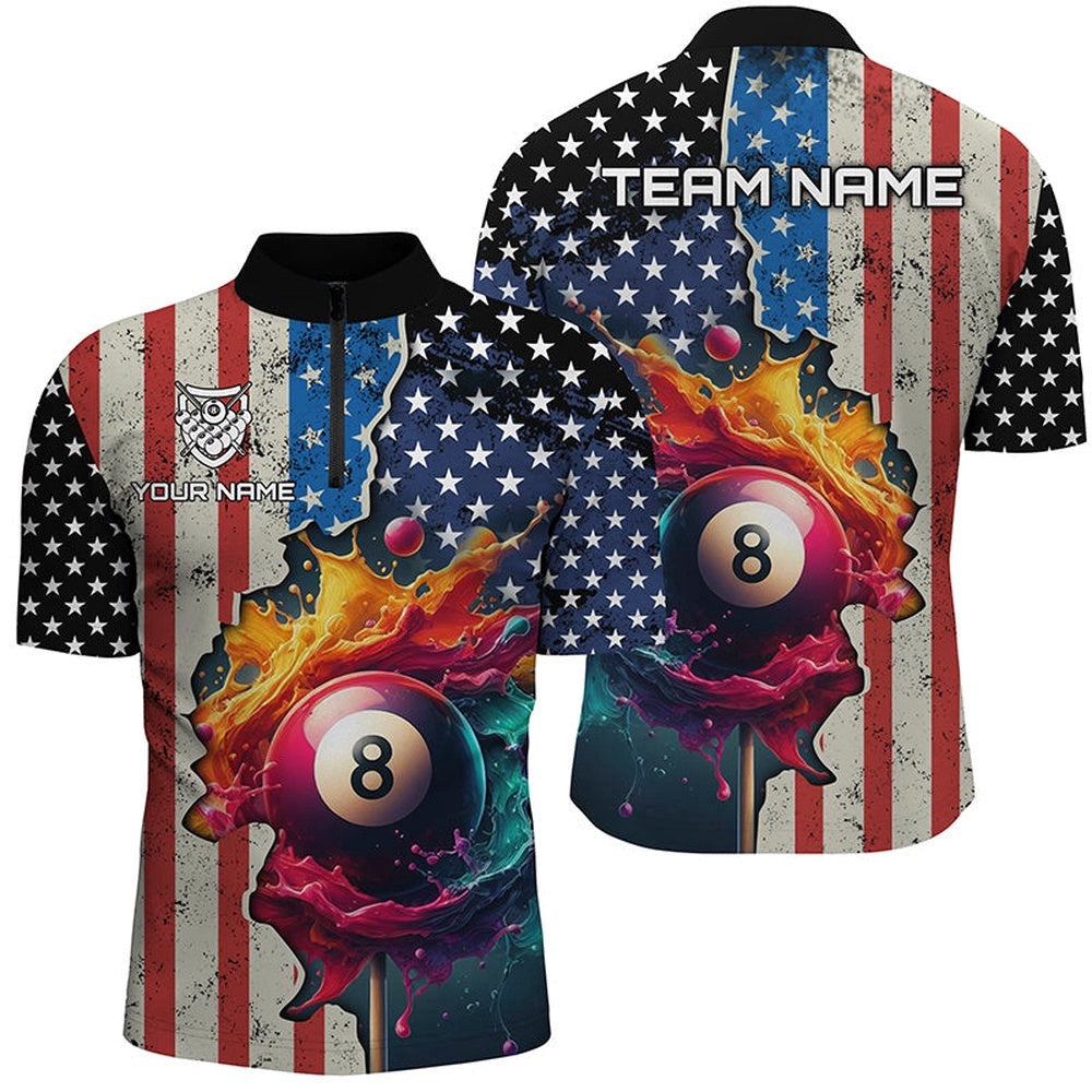 US Flag Billiard 3D Jersey Shirts, Colorful Paint Splash 8 Ball Billiard Jerseys, Personalized Billiard Team Jersey Shirt