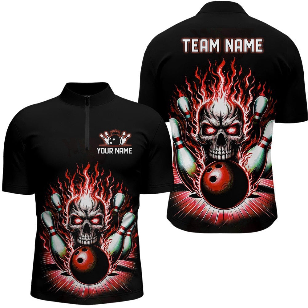 Unisex Skull Bowling Shirt Team'S Name Flame Bowler Jersey Red, Custom Bowling Team Jersey Shirt