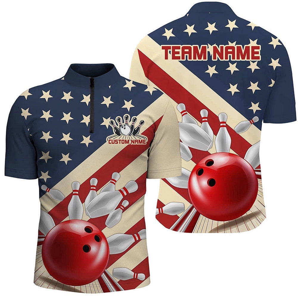 Vintage American Flag Bowling Team Shirt For Men And Women, Retro Patriotic Bowling Jersey, Custom Bowling Team Jersey Shirt