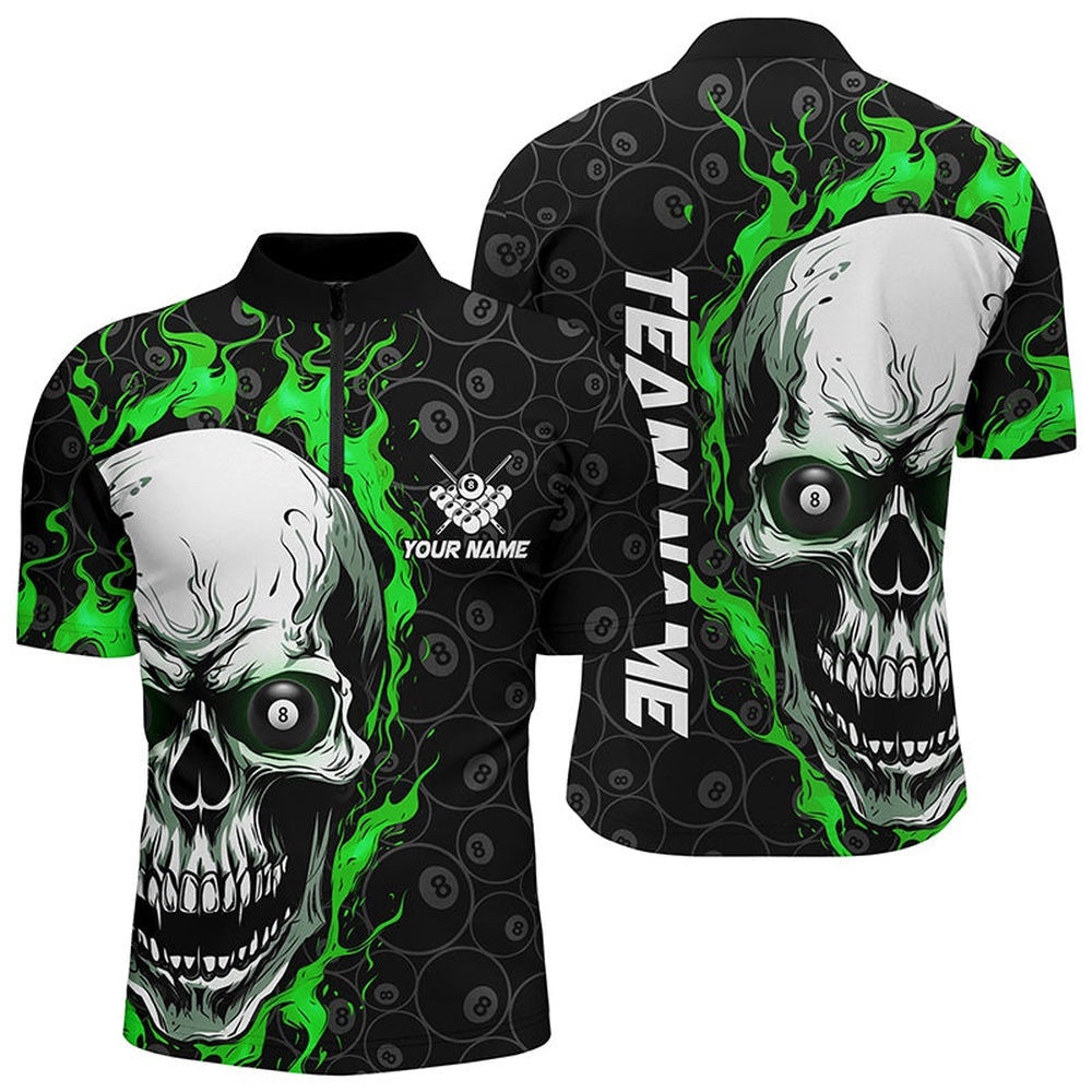 Skull Flame Billiard Jersey Shirts Custom Team'S Name Billiard Jerseys Green, Personalized Billiard Team Jersey Shirt
