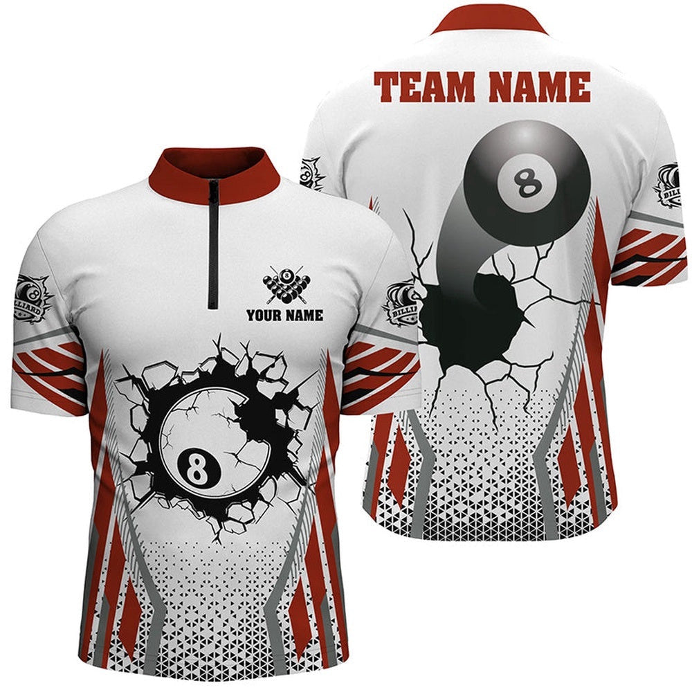 White Red 8 Ball Pool Cracked Wall Jersey Shirts, Custom Billiard Attire Jerseys, Personalized Billiard Team Jersey Shirt
