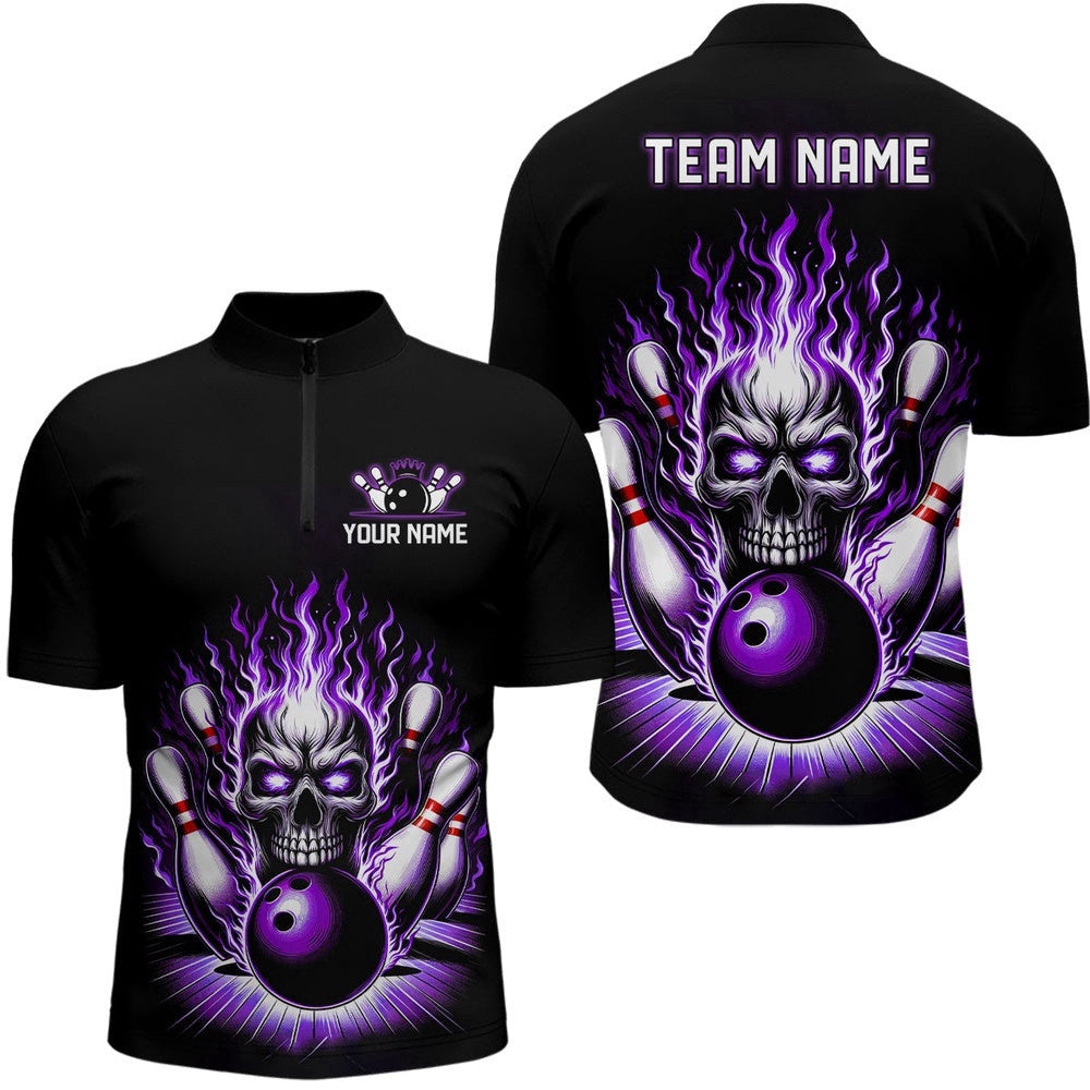 Unisex Skull Bowling Shirt Team'S Name Flame Bowler Jersey Purple, Custom Bowling Team Jersey Shirt