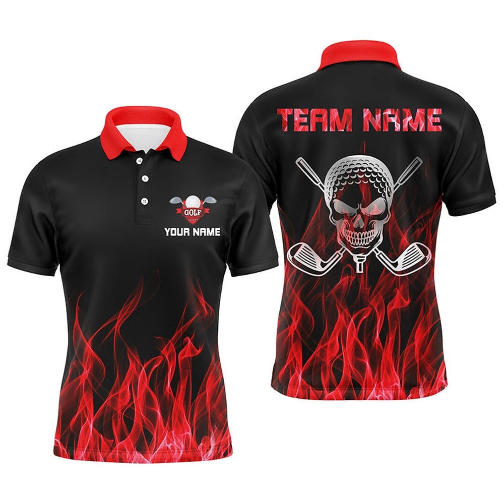 Black Men's Golf Polo Shirts Custom Red Flame Skull Golf Clubs For Men, Golf Polo Shirt, Golf Shirts