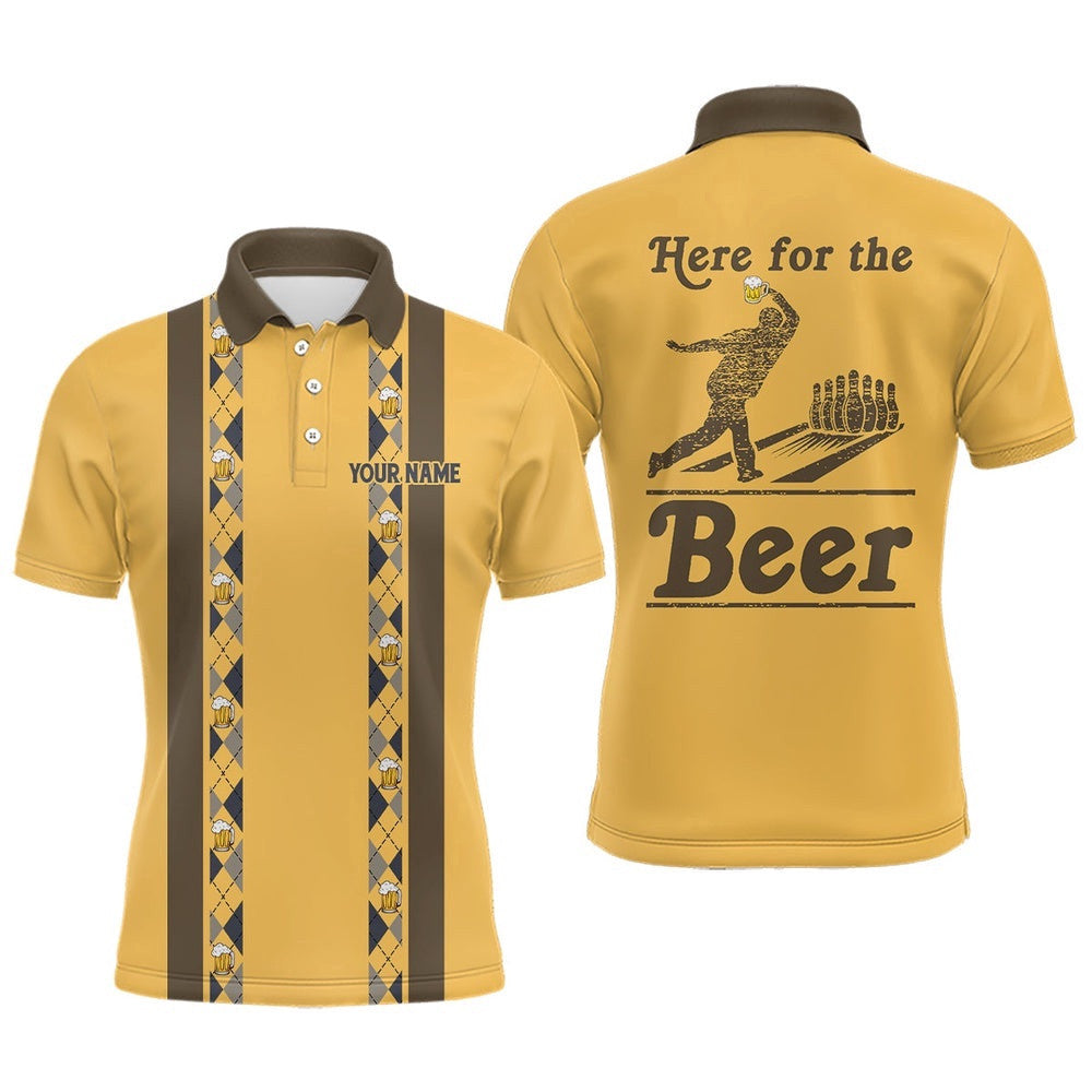 Yellow Retro Bowling Polo Shirts For Men Custom Here For The Beer Bowling Team Polo Shirt, Personalized Bowling Team Shirt