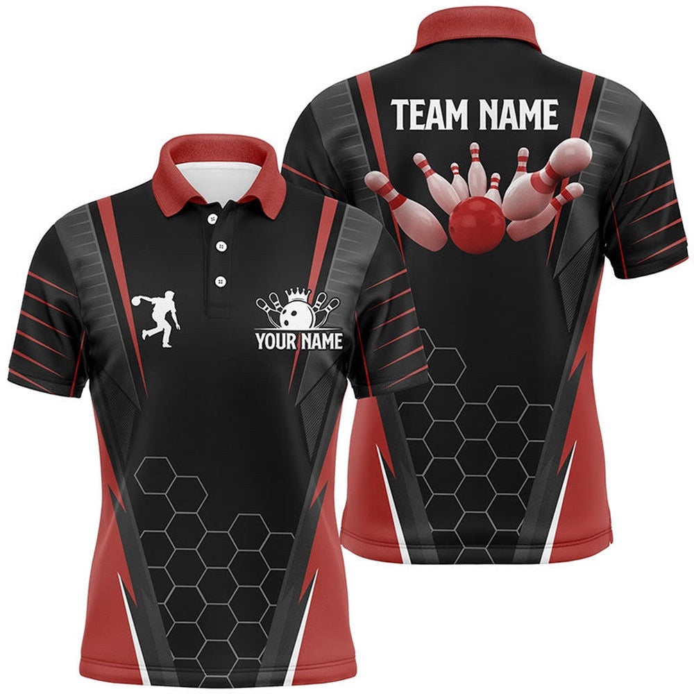 Black Men's Bowling Polo Shirt Custom Name Mens Bowlers Polo Shirt, Team Bowling Outfits Red, Personalized Bowling Team Shirt