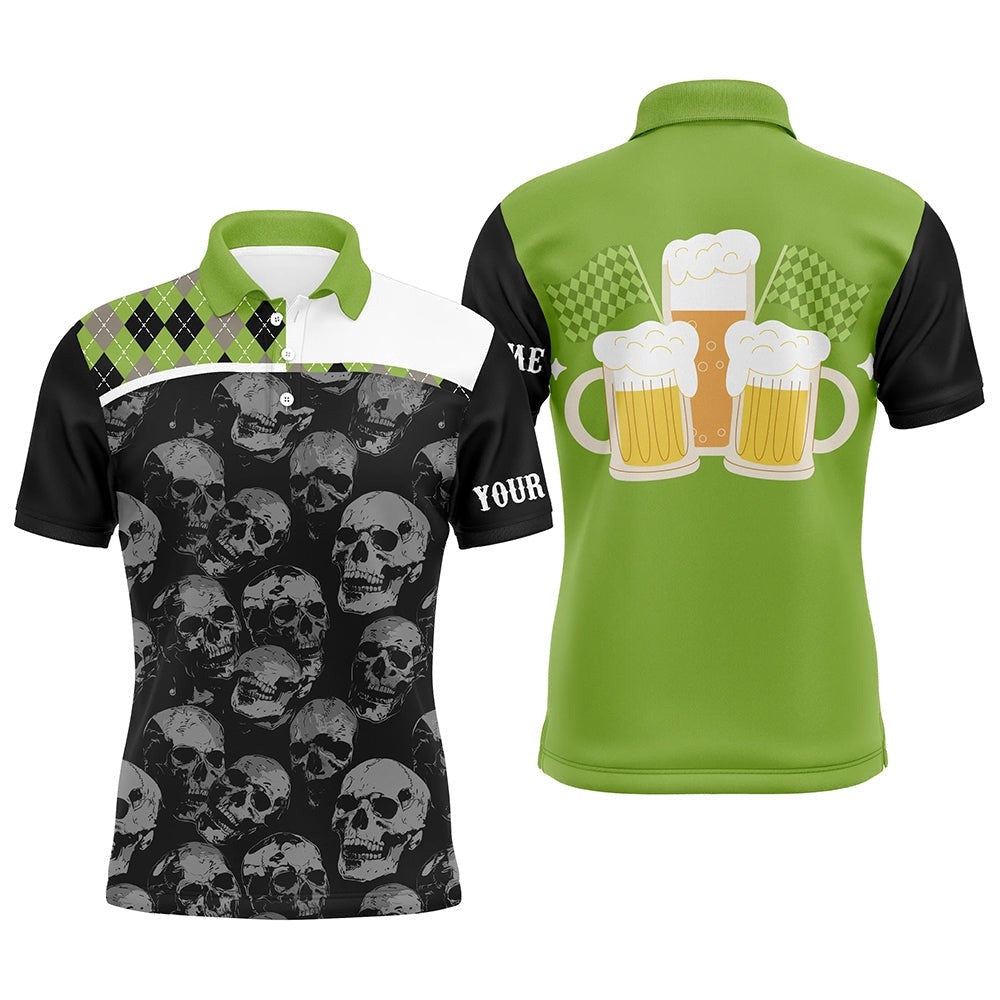 Black Skull Argyle Plaid Pattern Men's Golf Polo Shirts Custom Team Beer Golf Top For Men Green, Golf Polo Shirt, Golf Shirts