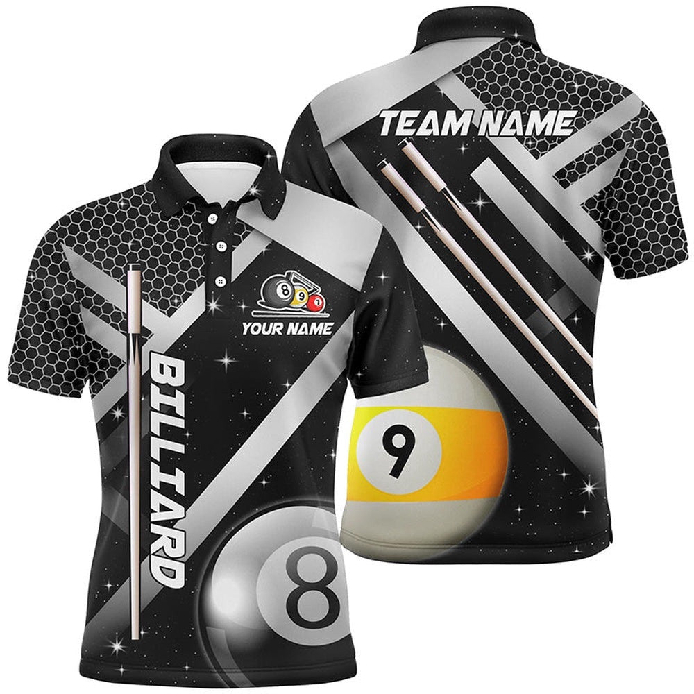 Black Polo Billiard 8 Ball & 9 Ball Polo Shirts Custom Unique Billiard Uniform, Personalized Billiard Polo Shirt