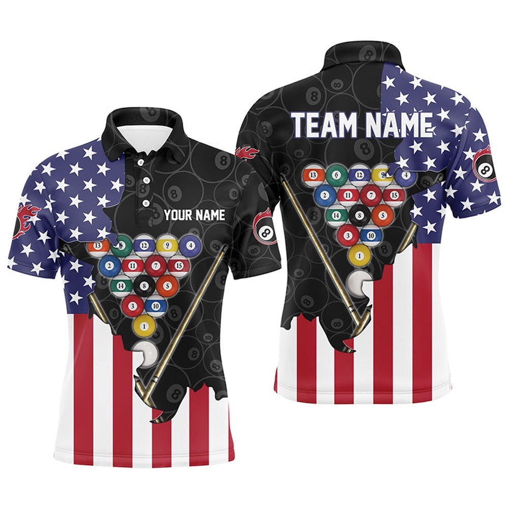 US Flag 8 Ball Pattern Billiard Black 3D Polo Shirts, Billiard Balls Polo, Personalized Billiard Polo Shirt