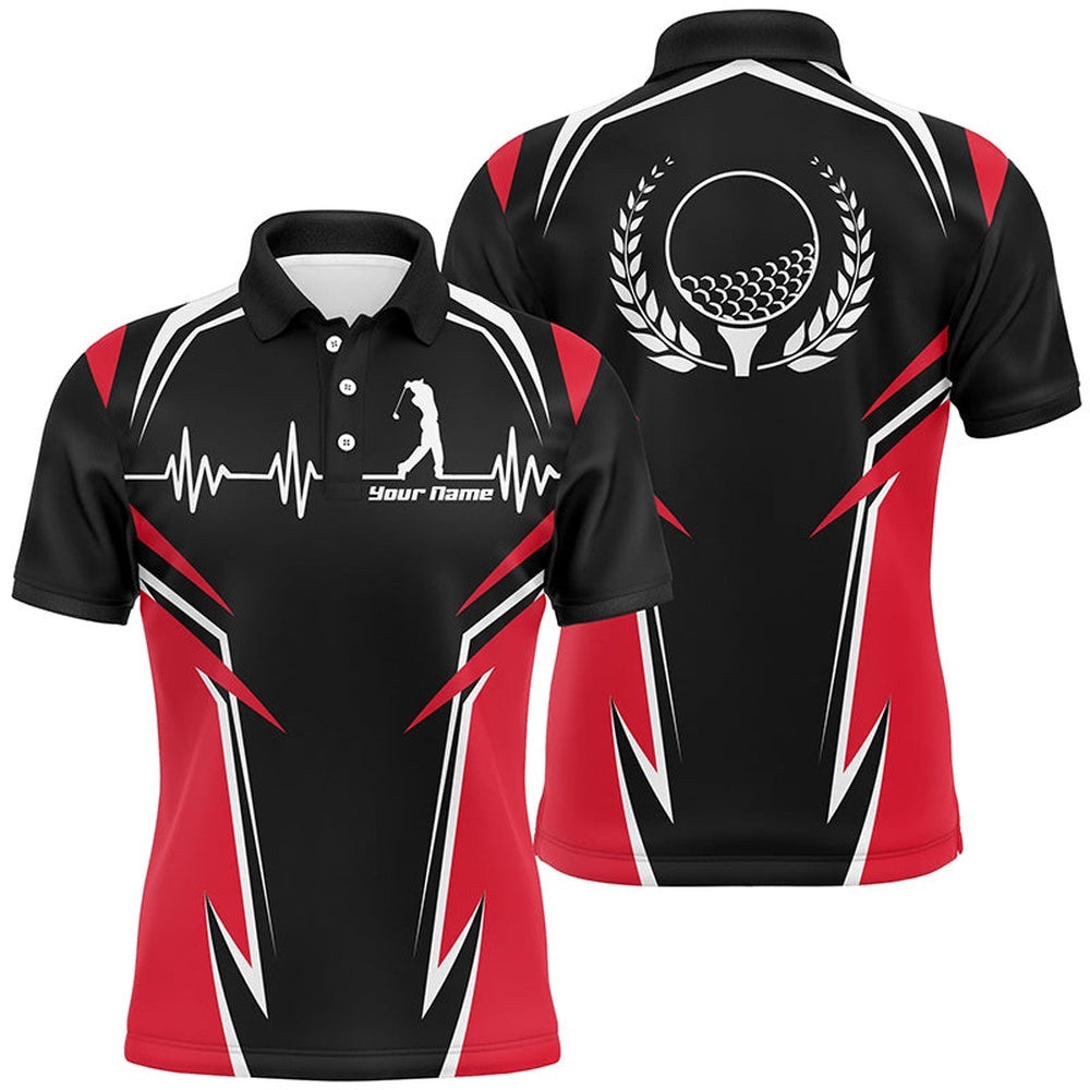 Black Red Men's Personalized Heartbeat Golf Shirts For Men, Golf Polo Shirt, Golf Shirts