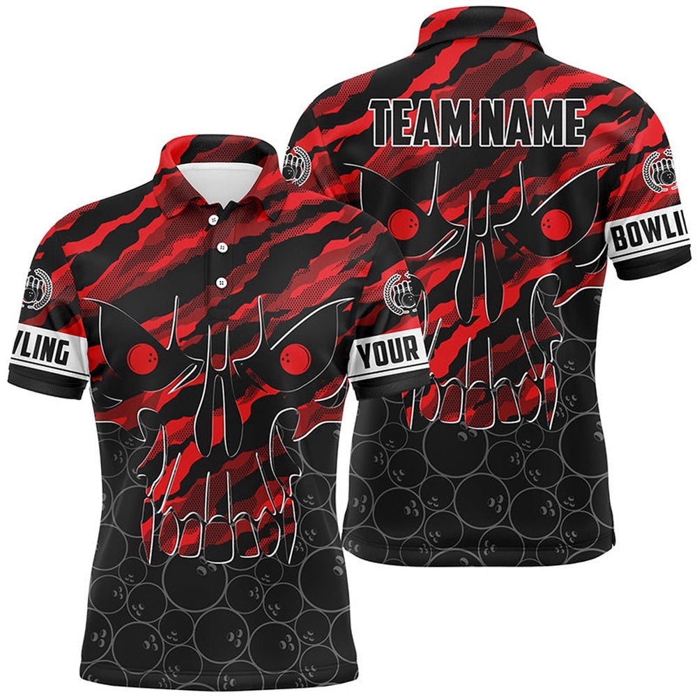 Skull Bowling Polo Shirt For Men Custom Team'S Name Red Camo Bowler Polo Shirt, Personalized Bowling Team Shirt