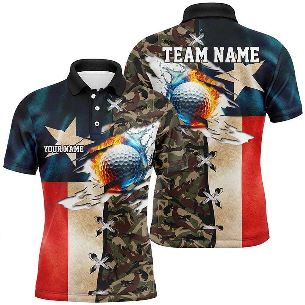 Texas Flag Camo Men's Golf Polo Shirts Custom Fire Water Golf Ball Team Golf Shirts, Golf Polo Shirt, Golf Shirts