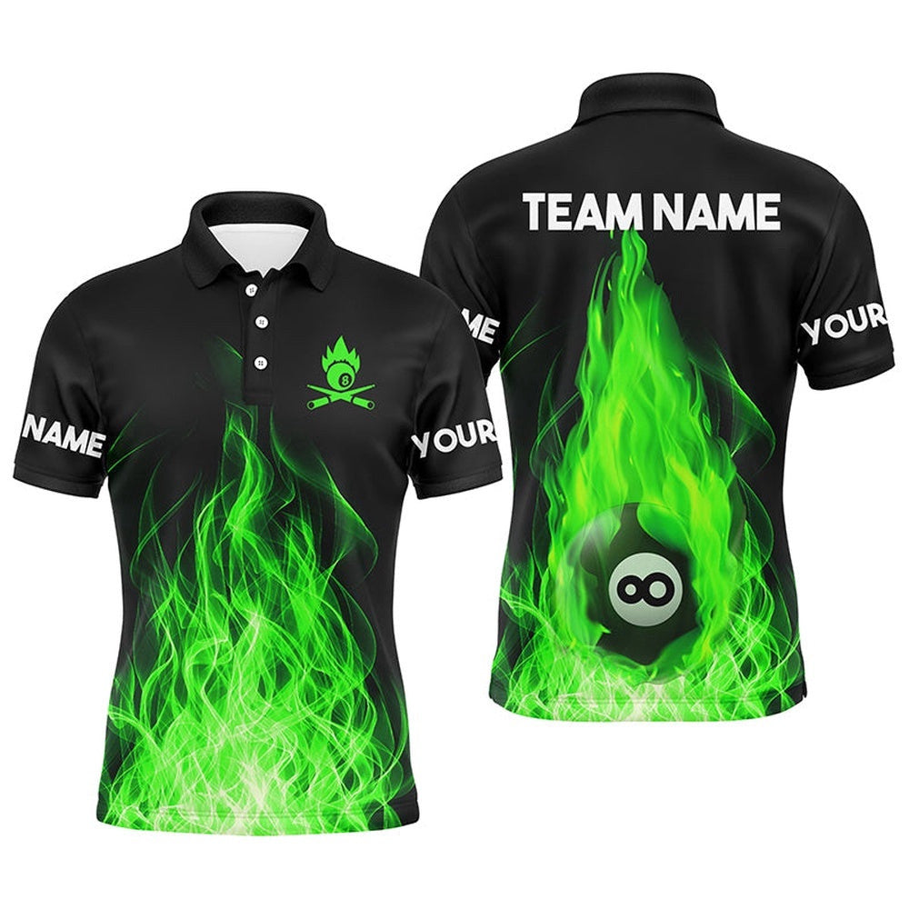 Custom Name Green Flaming Billiard 3D Polo Shirts Custom Billiard 8 Ball For Team, Personalized Billiard Polo Shirt