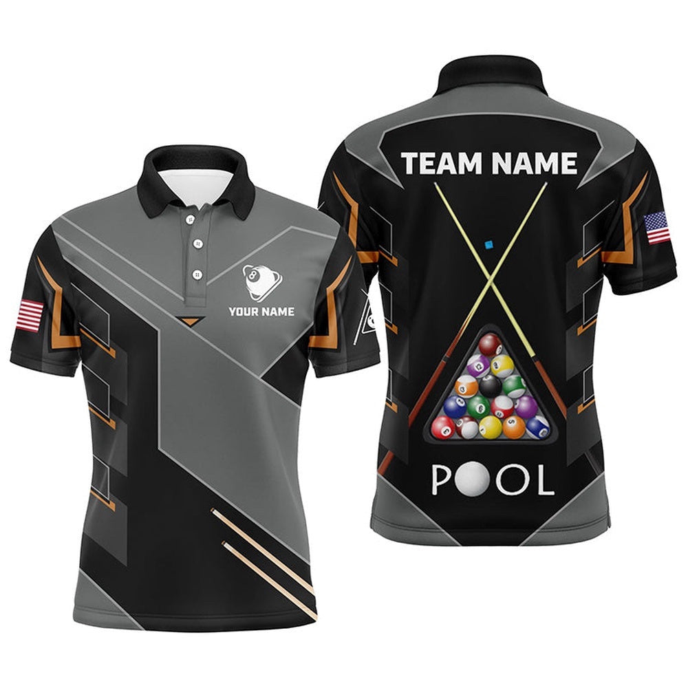 US Flag 8 Ball Custom Grey Black Pool Balls Polo, Personalized Billiard Polo Shirt