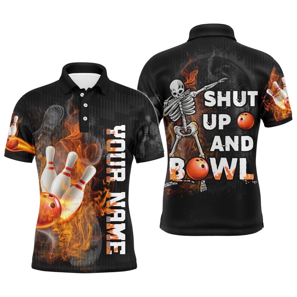 Shut Up And Bowl Funny Polo Bowling Shirt Men Flame Skull Bowler Polo Shirt, Personalized Bowling Team Shirt