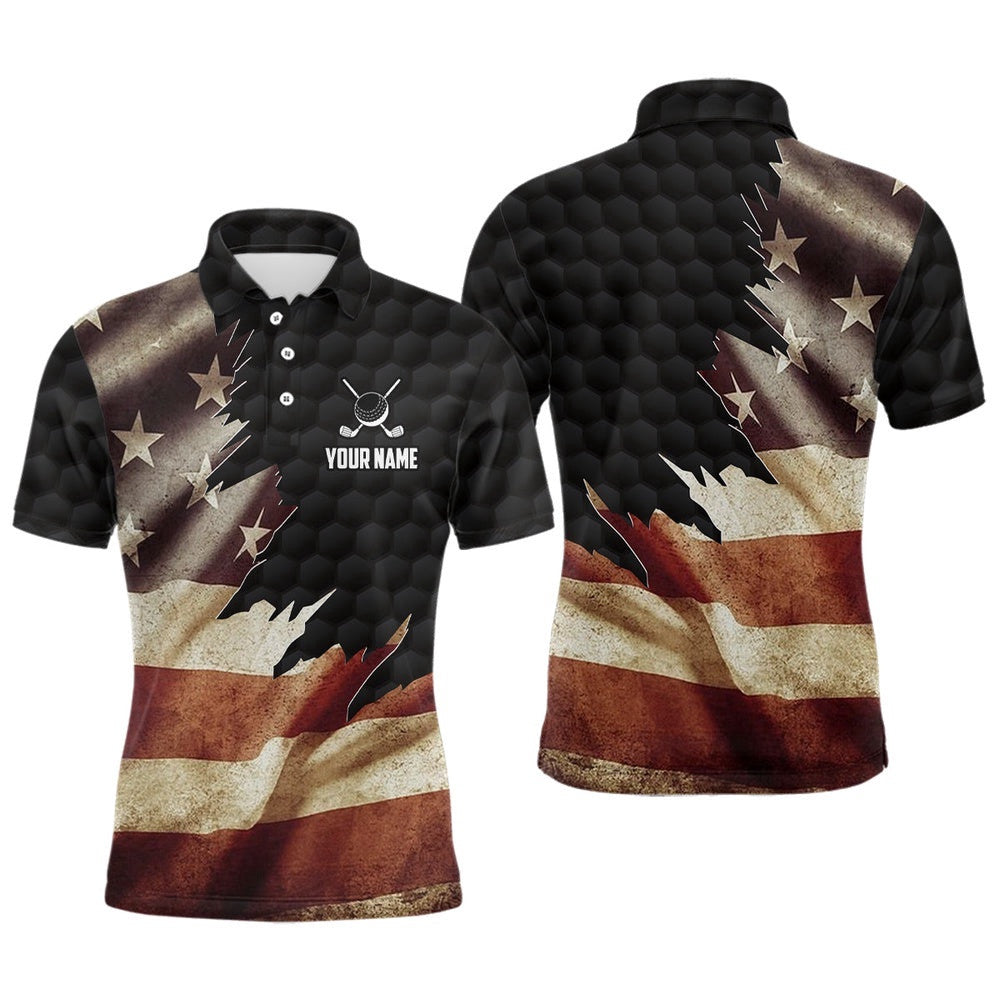 Retro American Flag Men's Golf Polo Shirts Custom Patriotic Golf Shirts For Men Best Golf Gifts, Golf Polo Shirt, Golf Shirts