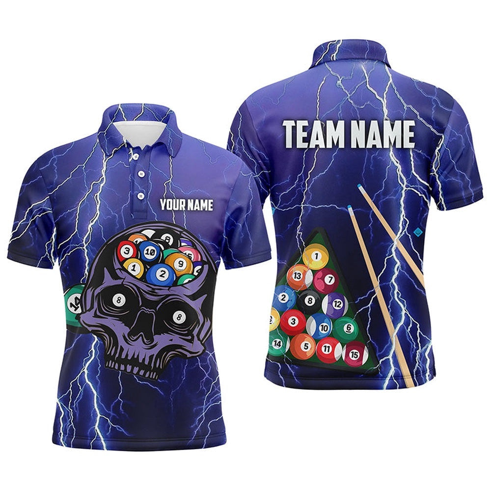 Skull Billiard Thunder Lighting Polo Shirts, Custom 3D Funny Billiard Shirts, Personalized Billiard Polo Shirt