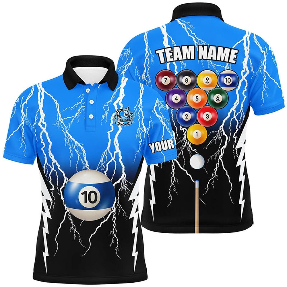 10 Ball Pool Custom Black Blue Lightning Thunder Polo Shirts, 10 Ball Billiard Apparel Clothing, Personalized Billiard Polo Shirt