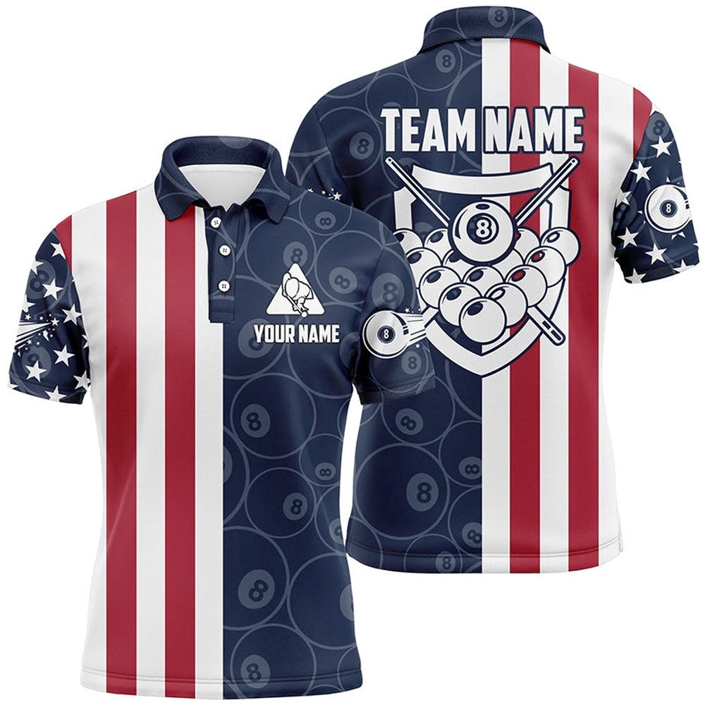 US Flag 8 Ball Pattern Billiard 3D Polo Shirts, Custom Player Billiards Shirts, Personalized Billiard Polo Shirt