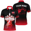 Red Gradient Bowling Ball And Pins Team Polo Shirt, Mens Polo Bowling Shirts Bowling League, Personalized Bowling Team Shirt