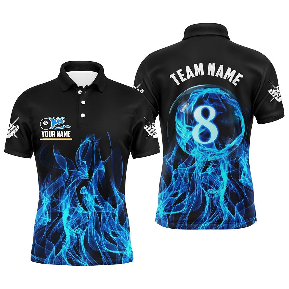 3D Blue Flaming 8 Ball Pool Magic Billiard Polo Shirts Custom Pool Player Shirts Polo, Personalized Billiard Polo Shirt