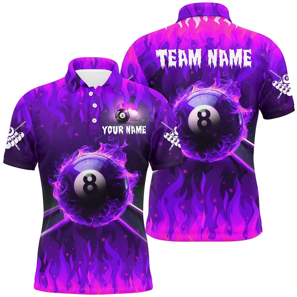 3D 8 Ball Pool & Cue Fire Polo Shirts Custom Billiard Apparel Polo�Purple, Personalized Billiard Polo Shirt