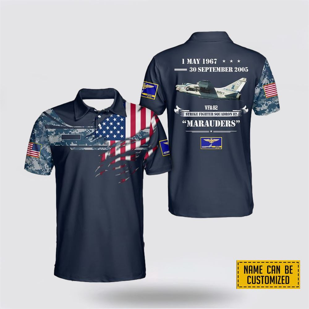 Custom Name US Navy VFA-82, Strike Fighter Squadron 82 Marauders A-7C AOP Polo Shirt - Gift For Military Personnel