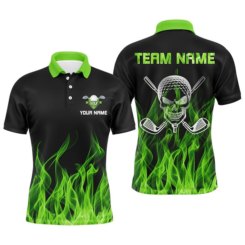 Black Men's Golf Polo Shirts Custom Green Flame Skull Golf Clubs For Men, Golf Polo Shirt, Golf Shirts
